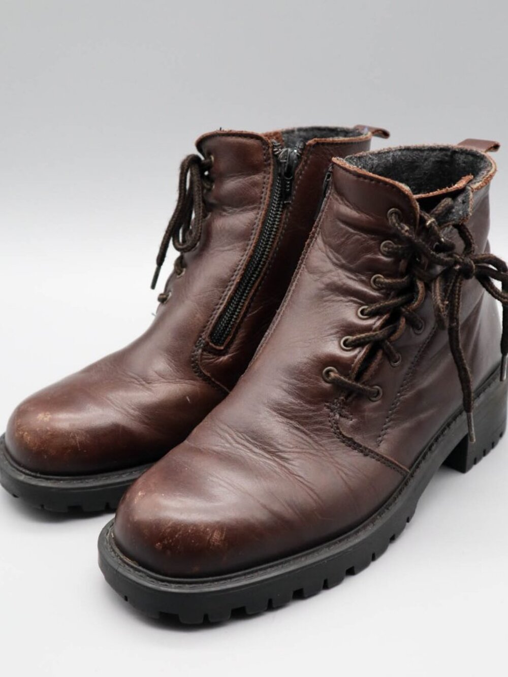Brown Leather Booties Ankle Boots Side Zip Lace Up Sz 7 Felt Wool Lined 90s Y2K